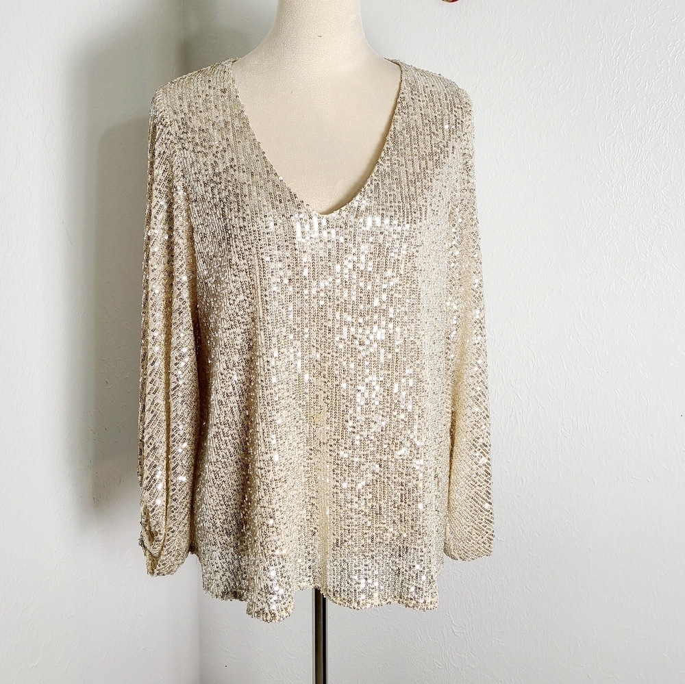 Vine & Love Champagne Sequin V-Neck Blouse with Bubble Sleeves, Size Medium